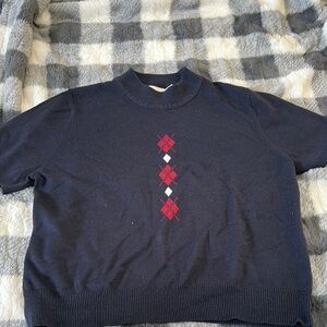 Vintage Traditions Navy Argyle Knit Top |Size 16| Preppy Short Sleeve Sweater |